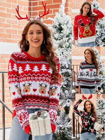 Damen Casual Weihnachten Jacquard Pullover Langarm Rundhals Geknitterter Winter Feiertag Top