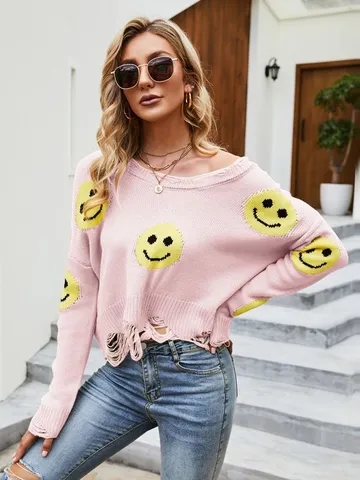 Pull-Over en Tricot Acrylique Col V Manches Longues Décontracté pour Femmes Visage Souriant Mignon Haut d'Automne