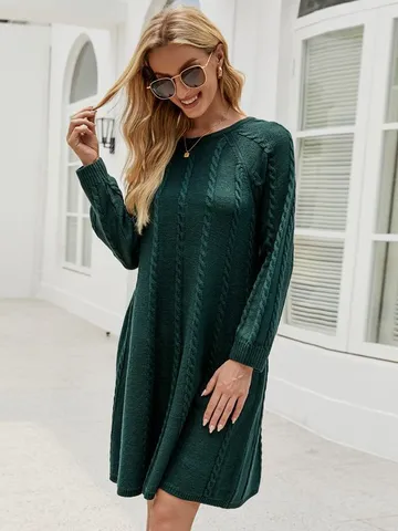 Dames Casual Lange Mouw Kabelsteek Effen Kleur A-Lijn Midi Trui Jurk Ronde Hals Losse Trui Jurk Winterkleding