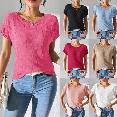 Women's Casual Loose Knitted Short Sleeve T-Shirt Solid Color Crew Neck Commuter Top