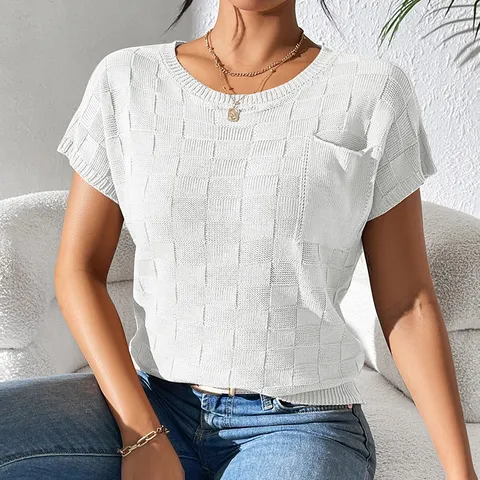 Women's Casual Loose Knitted Short Sleeve T-Shirt Solid Color Crew Neck Commuter Top