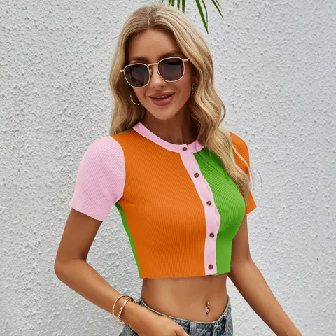 Cardigan en Tricot à Manches Courtes pour Femmes Couleur Macaron Coutures Contrastées Pull Court Casual Slim Col V Boutonné
