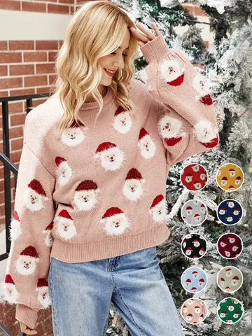 Mujeres Navidad Papá Noel Jersey Tejido Lindo Dibujos Animados Manga Larga Suelto Suéter Suave Cálido Invierno Tops Casuales