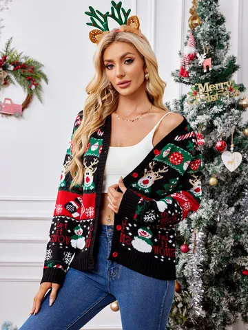 Women Christmas Knit Cardigan Sweater V Neck Long Sleeve Loose Casual Winter Outerwear Holiday Clothing