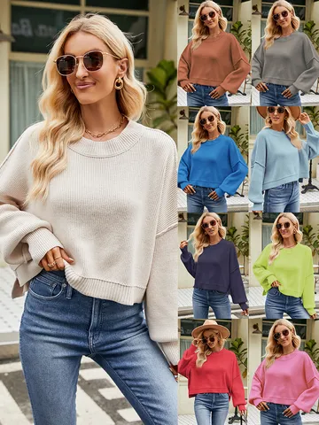 Women's Casual Fall Winter Loose Short Pullover Sweater Fashion Long Sleeve Crew Neck Knitwear Solid Tops