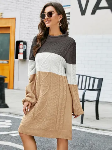 Damen Casual Lockere Rundhals Langer Pullover Kleid Farbblock Langarm Gestrickter Pullover Winter Mode Bekleidung