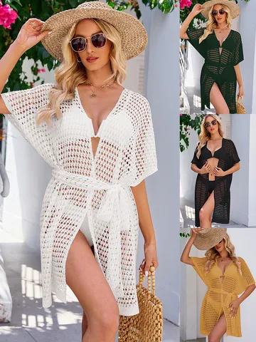 Women Summer Beach Crochet Knit Cover Up V Neck Tie Long Cardigan Casual Loose Hollow Out Sun Protection Acrylic Knitwear