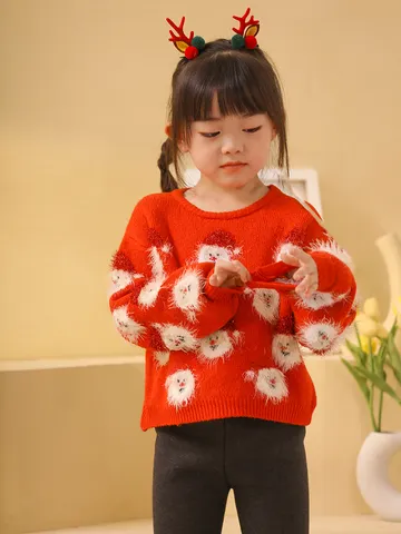 Suéter de Punto de Papá Noel de Navidad para Niñas Manga Larga Cuello Redondo Jersey Niños Lindo Invierno Cálido Top Festivo