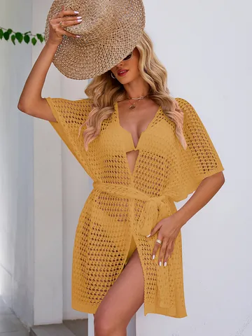 Women Summer Beach Crochet Knit Cover Up V Neck Tie Long Cardigan Casual Loose Hollow Out Sun Protection Acrylic Knitwear