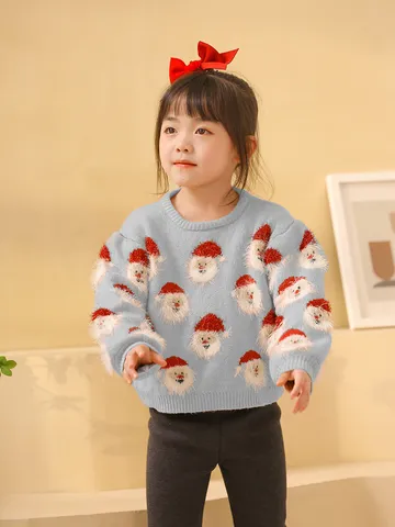 Suéter de Punto de Papá Noel de Navidad para Niñas Manga Larga Cuello Redondo Jersey Niños Lindo Invierno Cálido Top Festivo