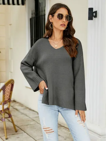Women Casual Long Sleeve V-Neck Knitwear Loose Solid Color Pullover Sweater Fashion Autumn Winter Apparel