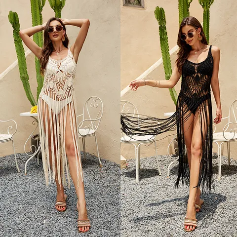 Women Summer Sexy Bikini Cover Up Hand Crochet Hollow Out Sun Protection Slip Long Tassel Beach Dress