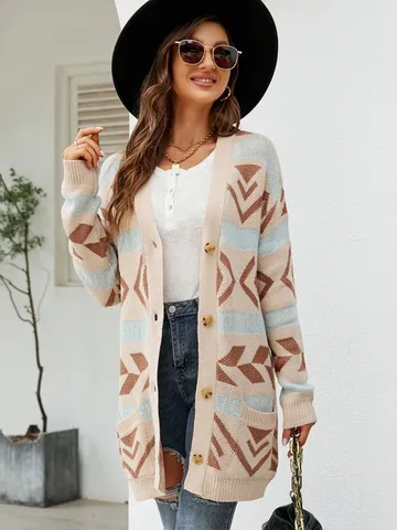 Cardigan en Tricot Ample Jacquard Géométrique pour Femme Automne Hiver Manches Longues Col V Manteau Pull