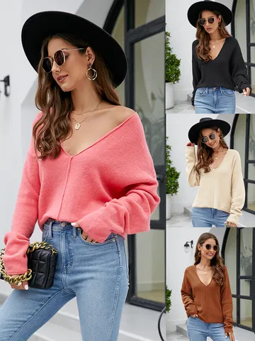 Herfst Winter Dames Casual Lui Stijl V-Hals Vleermuismouw Pullover Trui Effen Kleur Losse Breiwaren