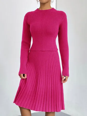 Women Casual Long Sleeve Crew Neck Knit Sweater And A-Line Pleated Skirt Two-Piece Set Elegant Autumn Winter Outfit