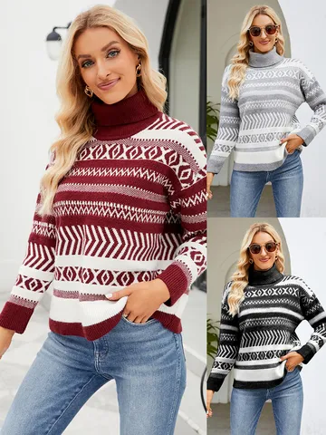 Women's Casual Turtleneck Long Sleeve Geometric Pattern Thick Knit Sweater Pullover Winter Fashion Casual Clothing