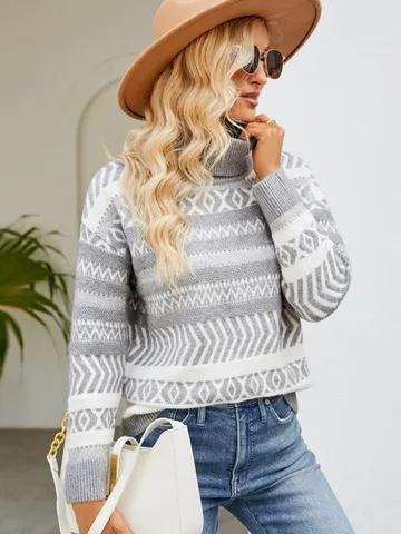 Women's Casual Turtleneck Long Sleeve Geometric Pattern Thick Knit Sweater Pullover Winter Fashion Casual Clothing