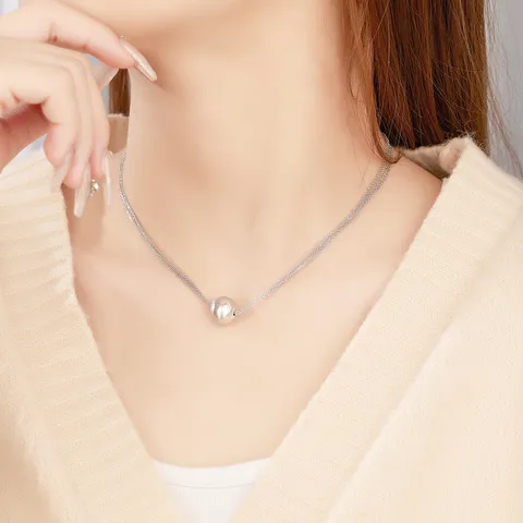 Collier Pendentif Boule Oeil de Chat en Argent Sterling S925 pour Femmes Chaîne Multi-Rangs Minimaliste Boule d'Argent Scintillante Bijoux