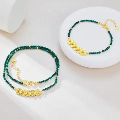 Style Rétro Chinois 925 Argent Sterling Malachite Perles Choker Collier Pièces Anciennes Pendentif Bracelet Pour Femmes Bijoux Cadeau