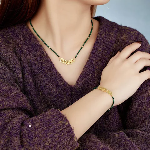 Style Rétro Chinois 925 Argent Sterling Malachite Perles Choker Collier Pièces Anciennes Pendentif Bracelet Pour Femmes Bijoux Cadeau