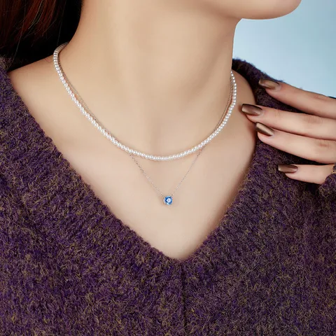 Collier Pierre de Naissance en Argent Sterling 925 pour Femme Luxe Niche Géométrique Rond Strass Pendentif Double Rang Choker Perle Artificielle Bijoux Cadeau