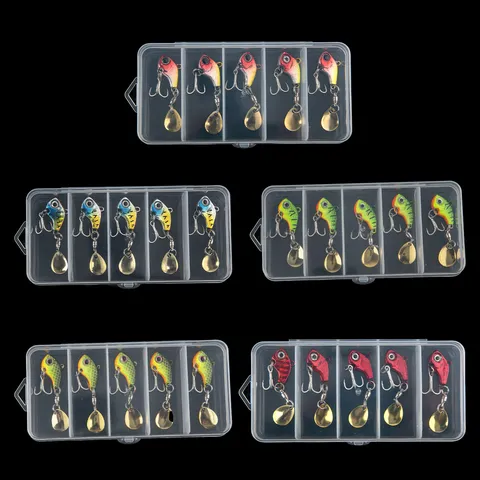 Metal VIB Vibration Fishing Lure Set With Rotating Sequins Transparent Box Freshwater Saltwater Bait Kit