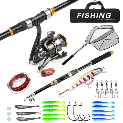 Conjunto de Caña de Pescar Telescópica y Carrete de Fibra de Vidrio Caña Lure Con Accesorios de Pesca Completos Para Aire Libre