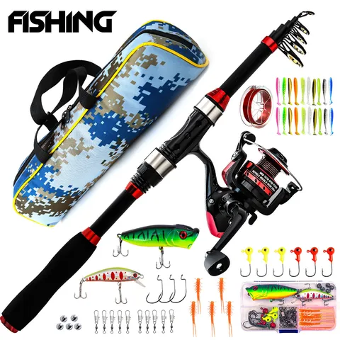 Combo de Caña de Pesca Telescópica de Fibra de Carbono y Carrete de Spinning Con Bolsa de Pesca Cebos Anzuelos Set Completo de Equipo de Pesca
