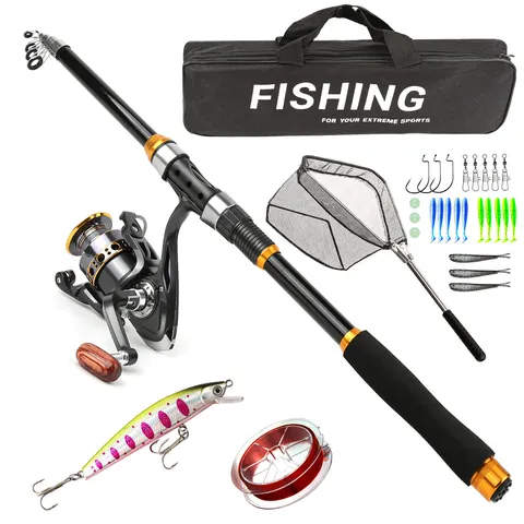 Conjunto de Caña de Pescar Telescópica y Carrete de Fibra de Vidrio Caña Lure Con Accesorios de Pesca Completos Para Aire Libre