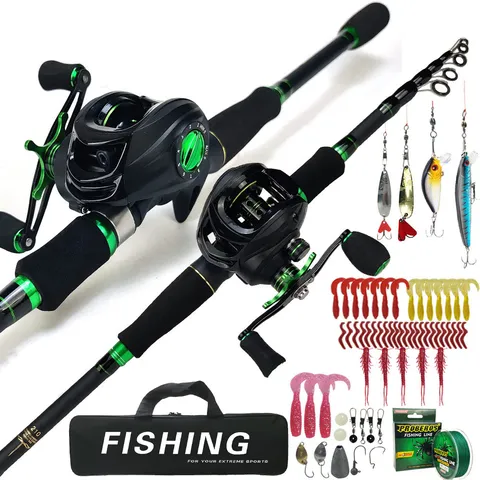 Set di Canne da Pesca Telescopiche in Fibra di Carbonio con Mulinello Baitcasting ed Esche per Pesca
