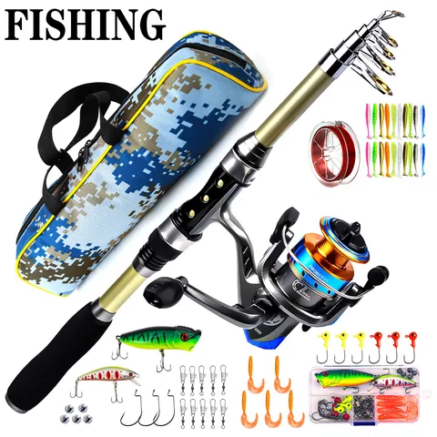 Conjunto de Caña de Pesca de Mar de Fibra de Vidrio con Carrete Spinning Bolsa de Pesca Señuelos Línea Kit Completo de Equipo de Pesca al Aire Libre
