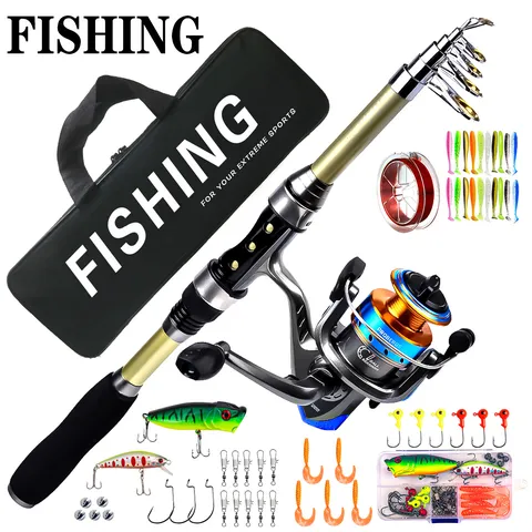 Conjunto de Caña de Pesca de Mar de Fibra de Vidrio con Carrete Spinning Bolsa de Pesca Señuelos Línea Kit Completo de Equipo de Pesca al Aire Libre