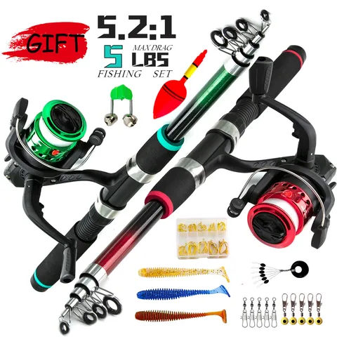 Combos de Caña de Pescar Telescópica y Carrete Portátiles Set de Aparejos de Pesca Completo con Señuelos Ganchos Bolsa para Principiantes