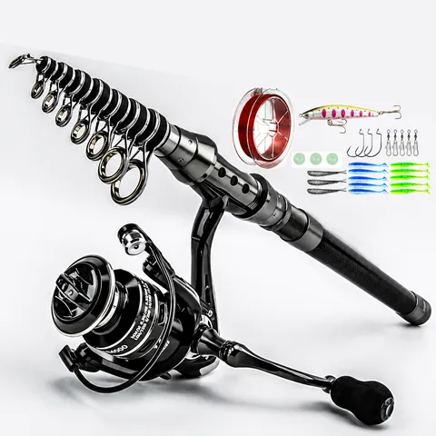 Carbon Fiber Telescopic Fishing Rod Set Spinning Reel Lure Baits Full Kit Outdoor Travel Sea Freshwater Fishing Gear