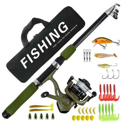 Verde Caña de Pescar Telescópica de 1.8M y Carrete Combo con Señuelos Anzuelos y Bolsa Kit Completo para Pesca al Aire Libre