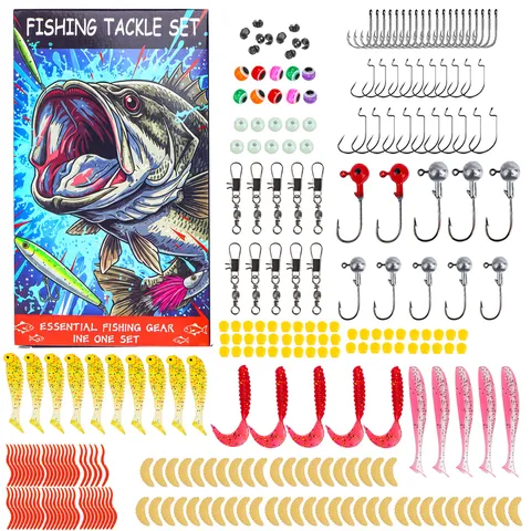 Kit d'Appâts de Pêche Leurre Souple Hameçons Manivelle Têtes Plombées Émerillons Perles Contenant de Rangement Équipement de Pêche