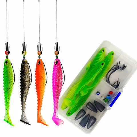 Outdoor Fishing Lure Soft Bait Set T-Tail Spiral Worms Texas Rig With Plastic Storage Box Complete Fishing Tackle Kit