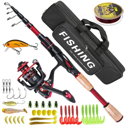Set de Caña de Pescar Telescópica de Fibra de Carbono Con Carrete Giratorio Bolsa de Pesca Cebos Kit Portátil