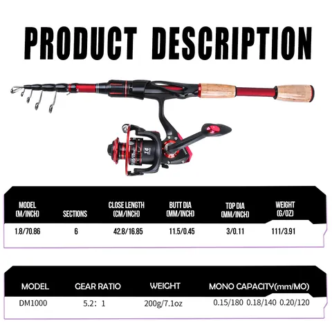 Set de Caña de Pescar Telescópica de Fibra de Carbono Con Carrete Giratorio Bolsa de Pesca Cebos Kit Portátil