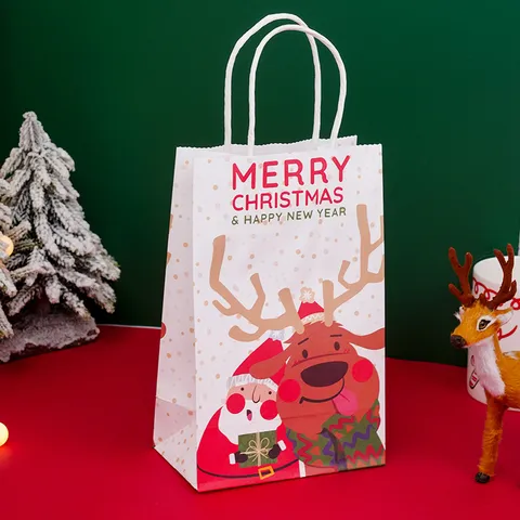 Christmas Santa Claus Elk Printed Paper Gift Bag Festive Handled Treats Candy Carrier Pouches Decoration For New Year Holiday Party