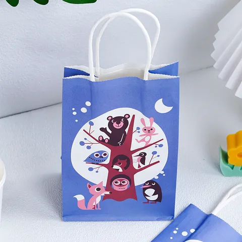 Cute Cartoon Animal Kraft Paper Gift Bag Forest Bear Owl Printed Handheld Present Treats Packing Tote Pouch For Kids Birthday Wedding Party
