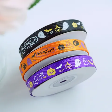 Halloween Grosgrain Ribbon Orange Purple Black Gift Wrapping Ribbons With Pumpkin Ghost Spiderweb Printed Pattern For DIY Craft Party Baking Box Decoration