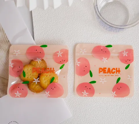 Bolsa de Almacenamiento de Plástico con Patrón de Melocotón de Dibujos Animados Esmerilado Semitransparente Bolsa de Cremallera Sellable Para Embalaje de Galletas de Panadería
