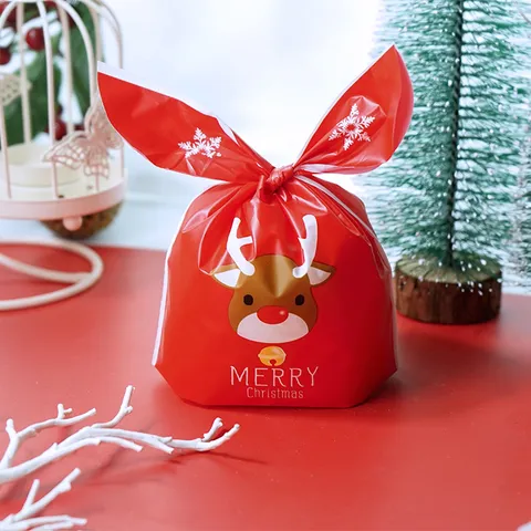 Christmas Gift Bags Cartoon Reindeer Plastic Candy Cookie Treat Pouches Bunny Ear Drawstring Party Favor Bags For Kids