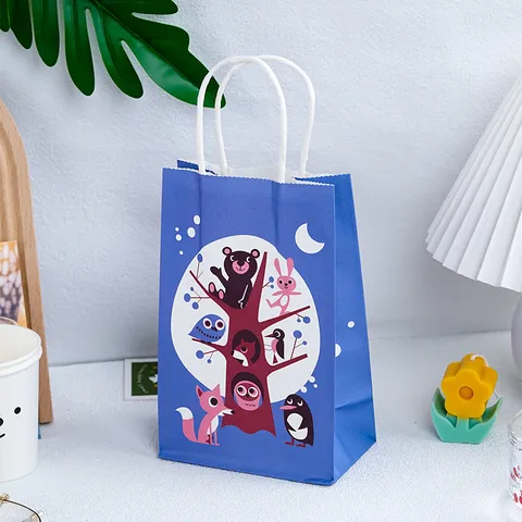 Cute Cartoon Animal Kraft Paper Gift Bag Forest Bear Owl Printed Handheld Present Treats Packing Tote Pouch For Kids Birthday Wedding Party