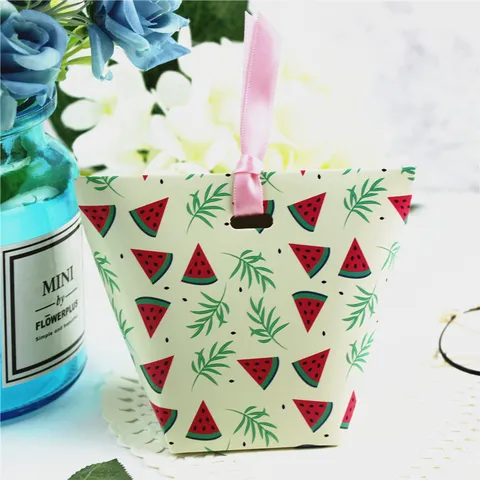 Zomer Watermeloen Patroon Papier Snoep Cadeaudoos Roze Lint Draagbare Bruiloft Baby Shower Party Gunst Box