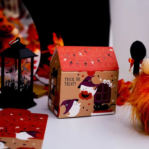 Boîte Cadeau de Bonbons en Forme de Maison de Dessin Animé en Papier Kraft de Noël Halloween pour les Faveurs de Fête