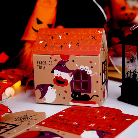 Boîte Cadeau de Bonbons en Forme de Maison de Dessin Animé en Papier Kraft de Noël Halloween pour les Faveurs de Fête