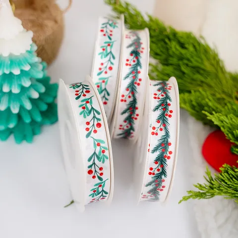 Ruban Gros-Grain de Noël en Polyester Imprimé Motif de Pin Baie Ruban Blanc pour Boîte Cadeau Boulangerie Décoration DIY Craft