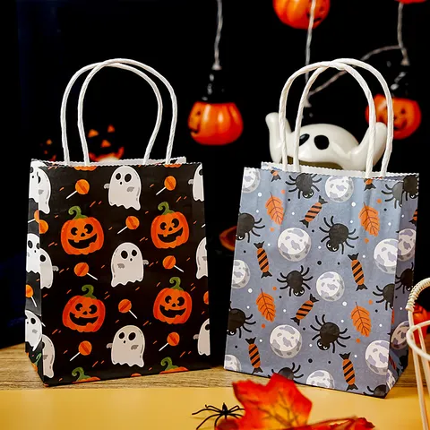 Halloween Kraft Paper Gift Bags Creative Cartoon Pumpkin Ghost Trick Or Treat Packaging Tote Bags For Holiday Party Candy Bag